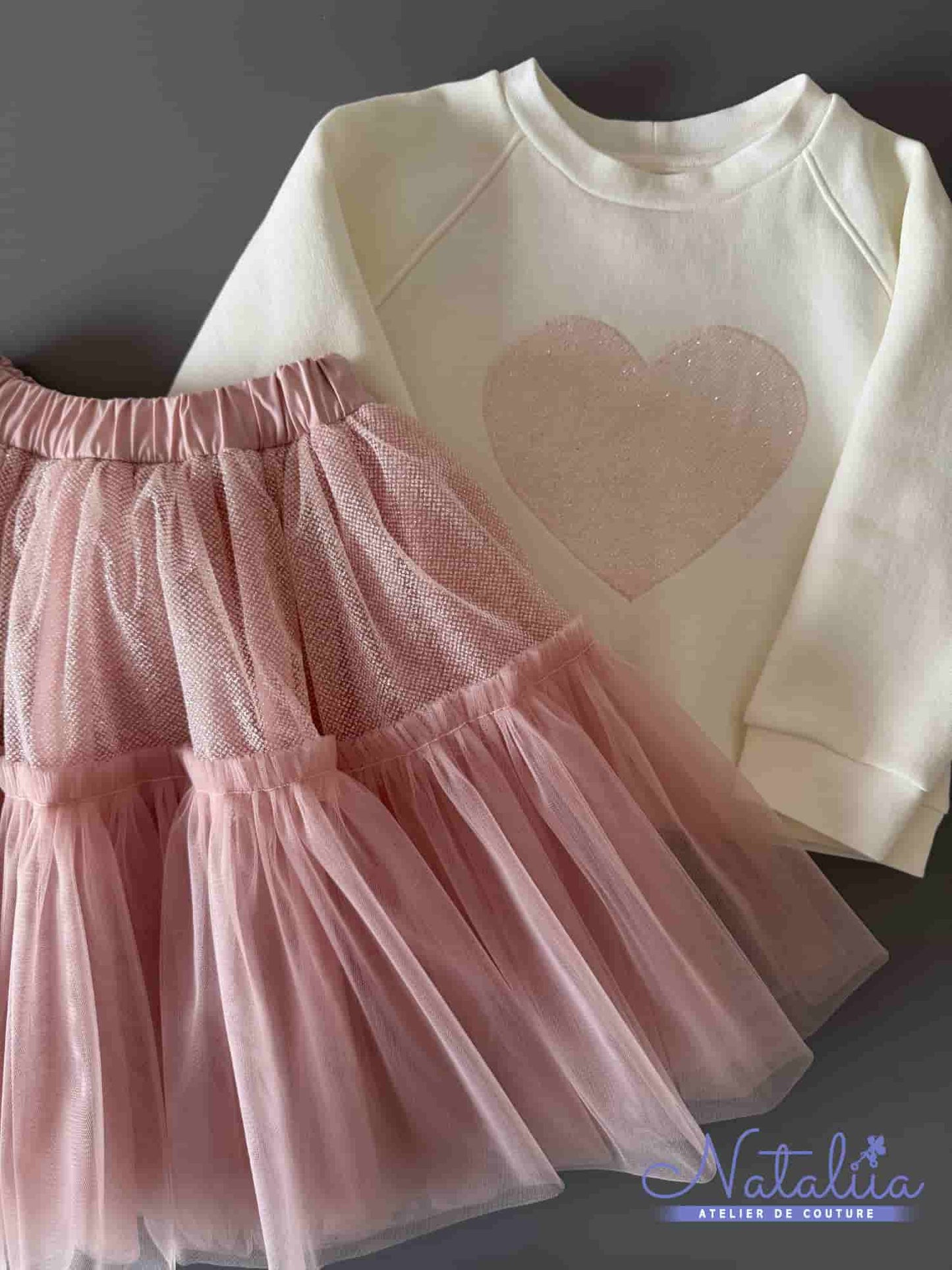 Tulle skirt with glitter & cozy sweatshirt with heart (ready-made)