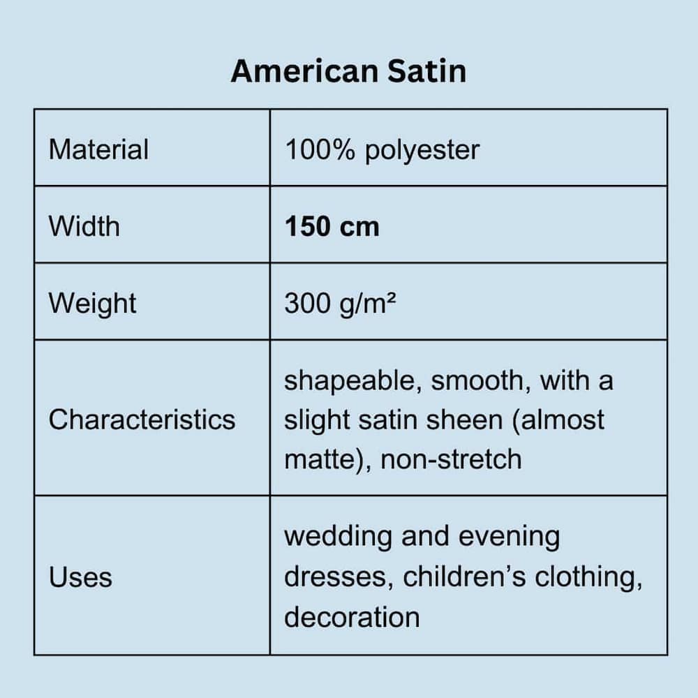 Produktdetails Satin Stoff Meterware Tabelle Deutsch