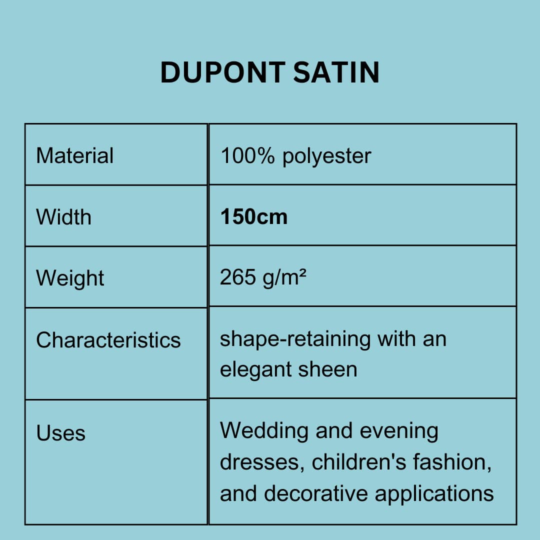 High-quality satin, stable with an elegant sheen. DuPont satin for wedding dresses, evening gowns, and skirts. Buy DuPont satin in Germany at Atelier de Couture Nataliia.