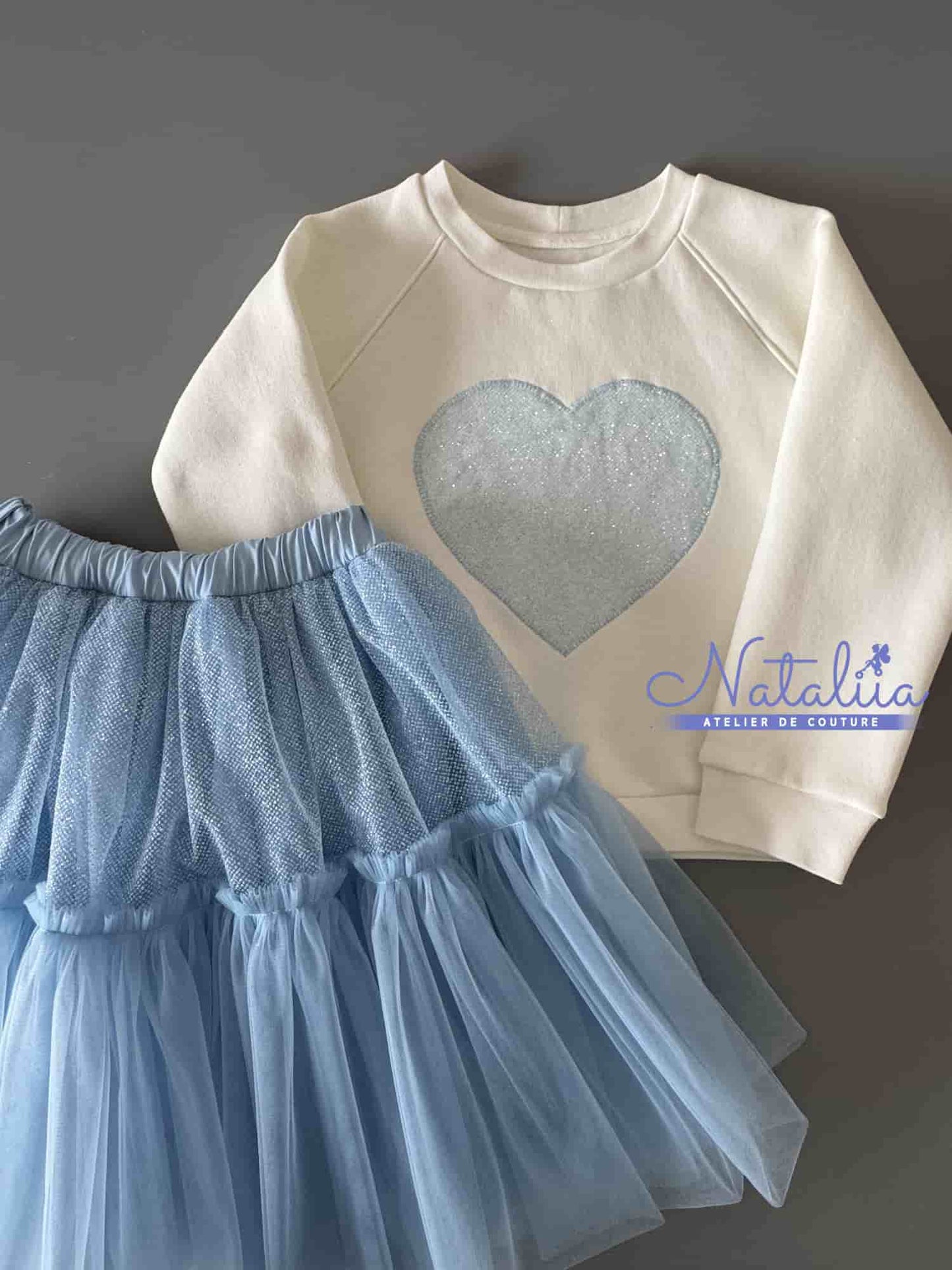 Tulle skirt with glitter & cozy sweatshirt with heart (ready-made)