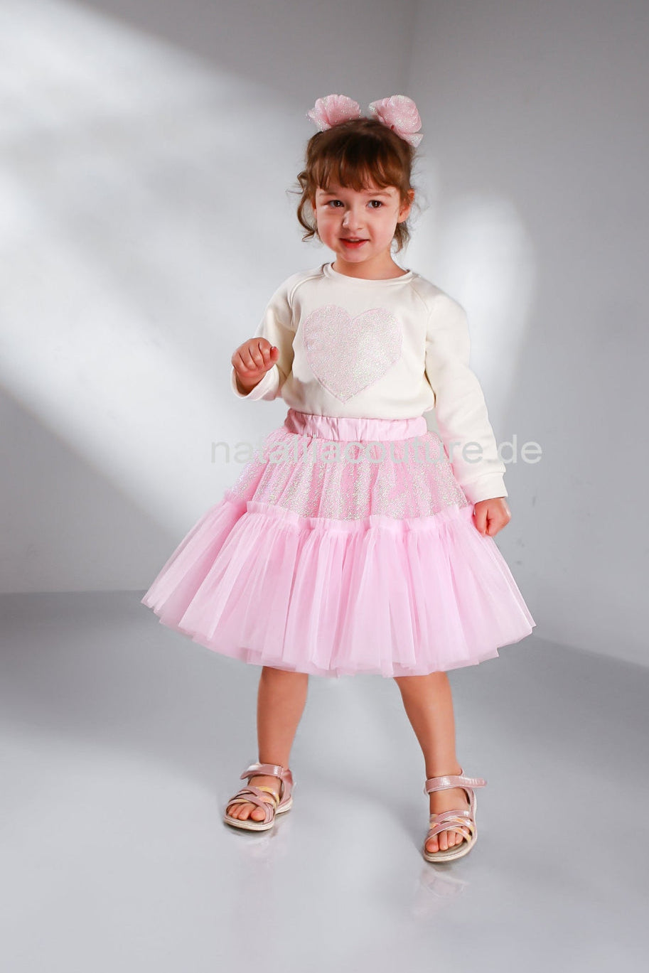 Tüllrock rosa mit Glitzer, Rüschen für Mädchen Gr. 74-156 kombiniert mit Oberteil Sweatshirt mit Herz. Atelier de Couture Nataliia
