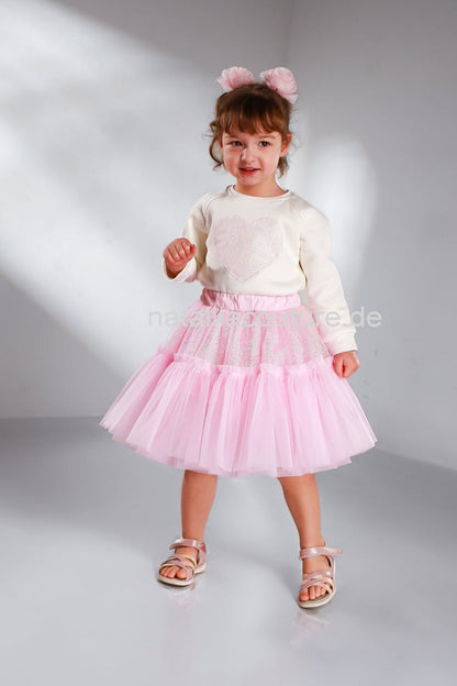 Tüllrock rosa mit Glitzer, Rüschen für Mädchen Gr. 74-156 kombiniert mit Oberteil Sweatshirt mit Herz. Atelier de Couture Nataliia