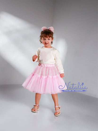 Tulle skirt with glitter & cozy sweatshirt with heart (ready-made)