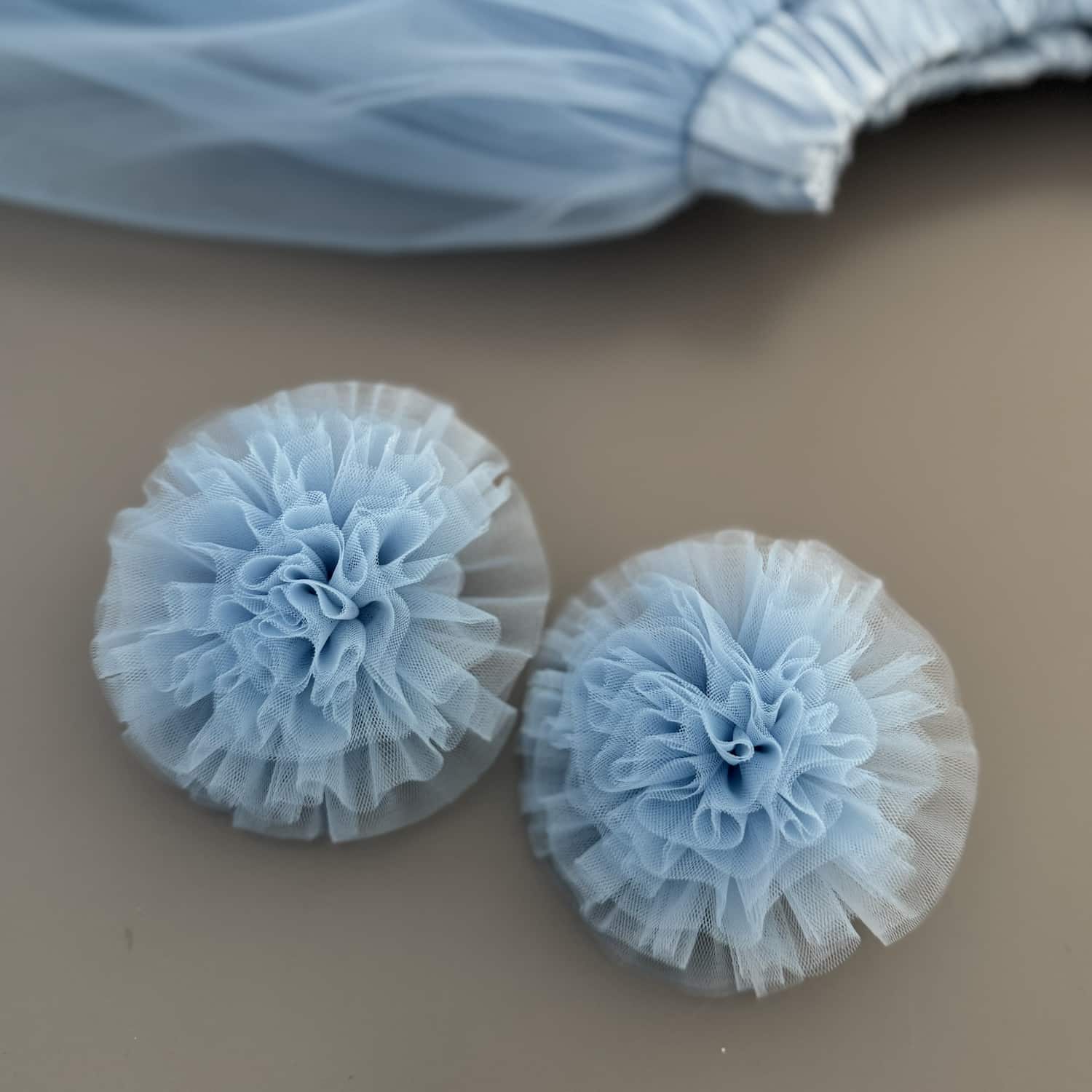 Blue tulle pom poms hair ties for girls – handmade festive hair accessories