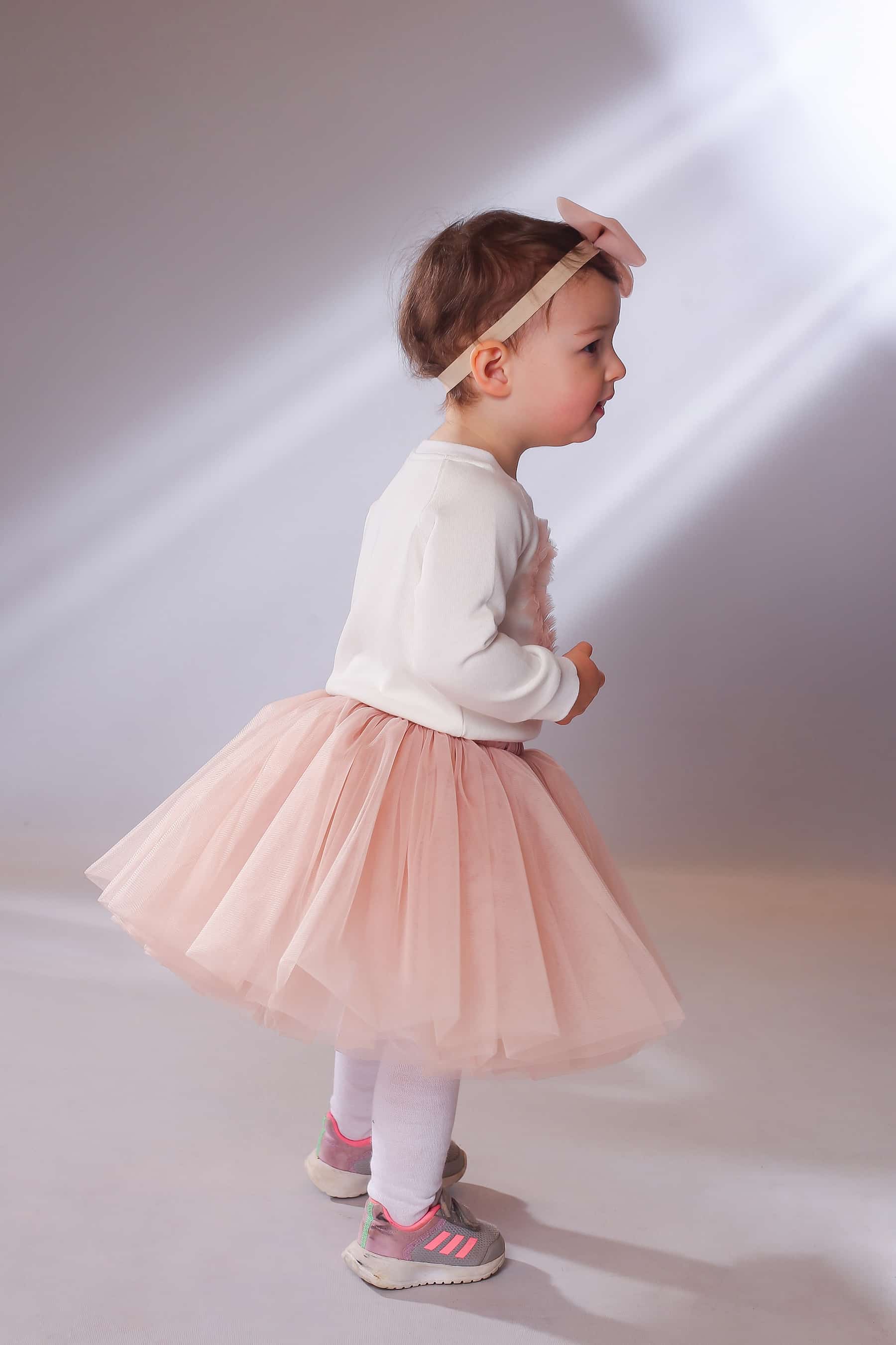Side view of blush pink tutu skirt for girls – handmade festive tulle skirt