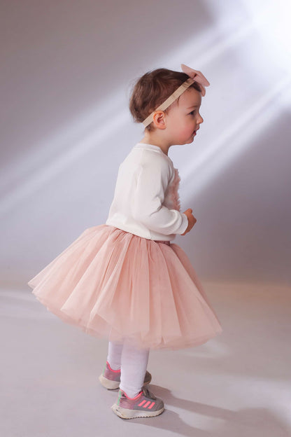 Side view of blush pink tutu skirt for girls – handmade festive tulle skirt