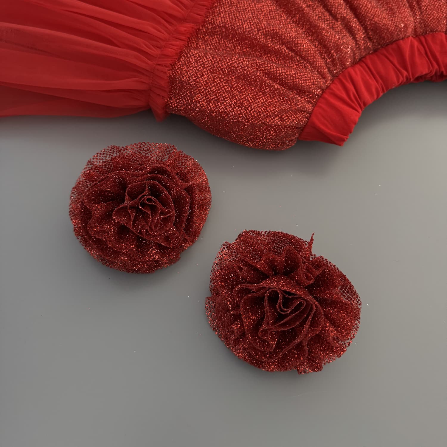 Red glitter tulle hair flowers set for girls – handmade festive hair accessories for special occasions