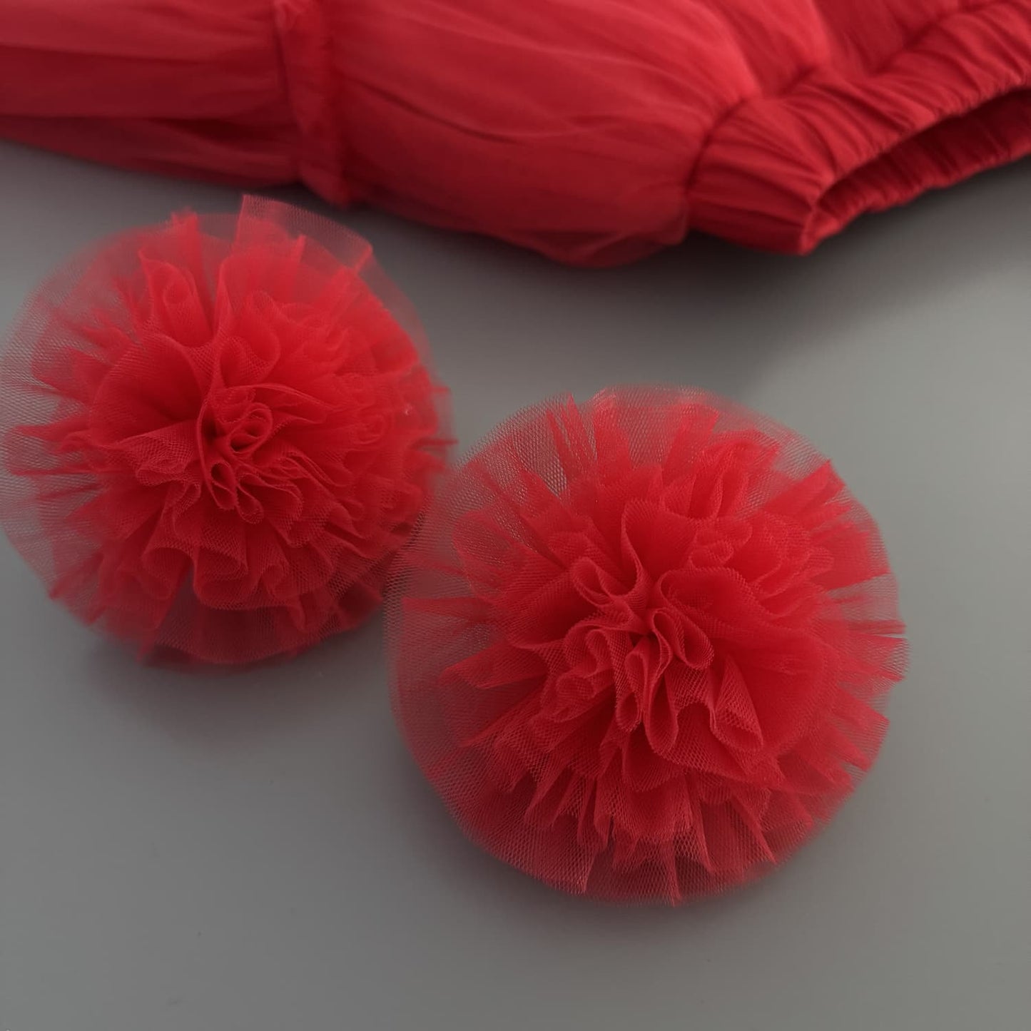 Red tulle pom poms hair ties for girls – handmade festive hair accessories