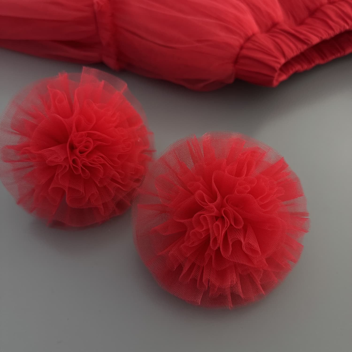 Red tulle pom poms hair ties for girls – handmade festive hair accessories