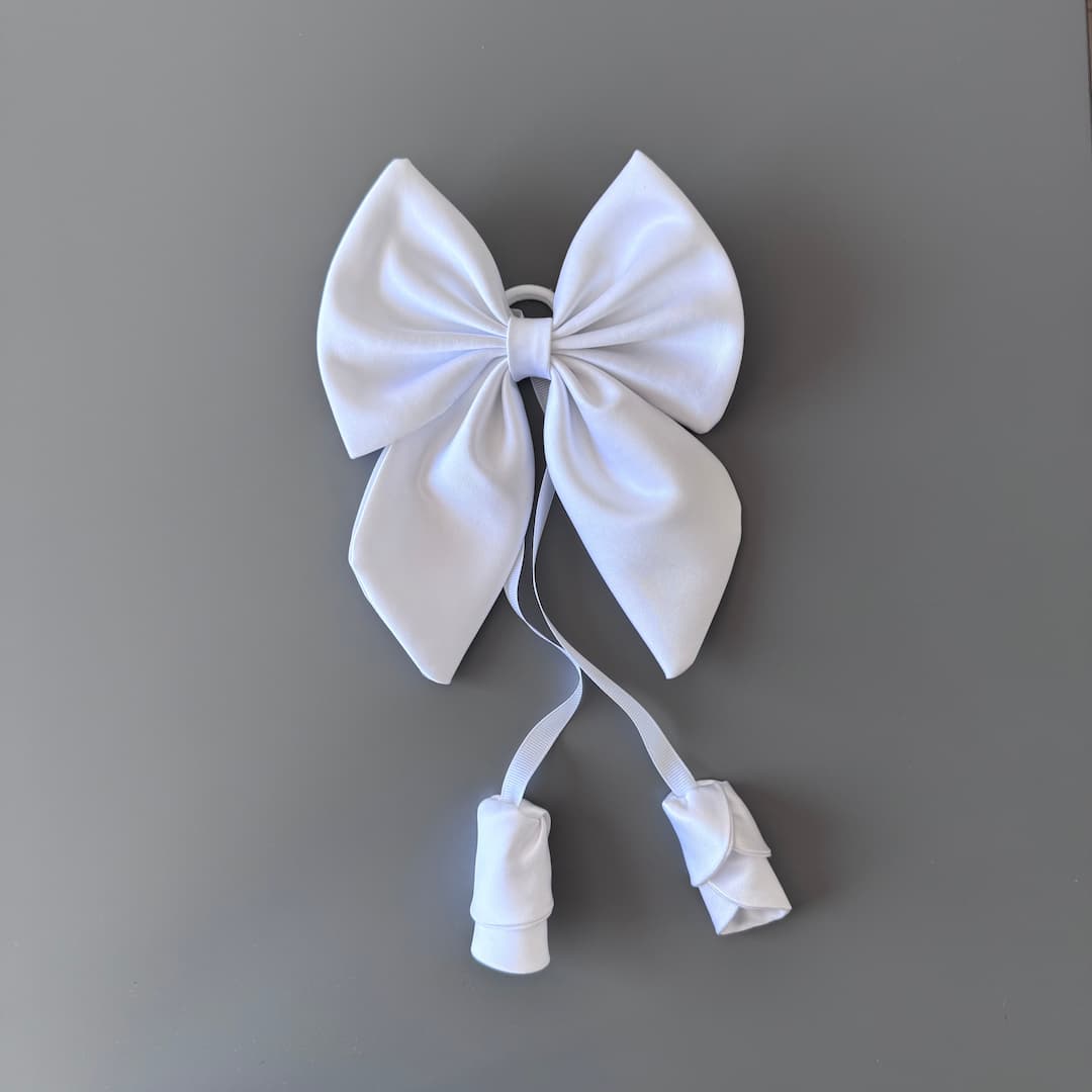 White handmade satin hair bow with elastic hair tie for girls and women