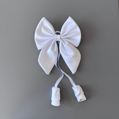 White handmade satin hair bow with elastic hair tie for girls and women
