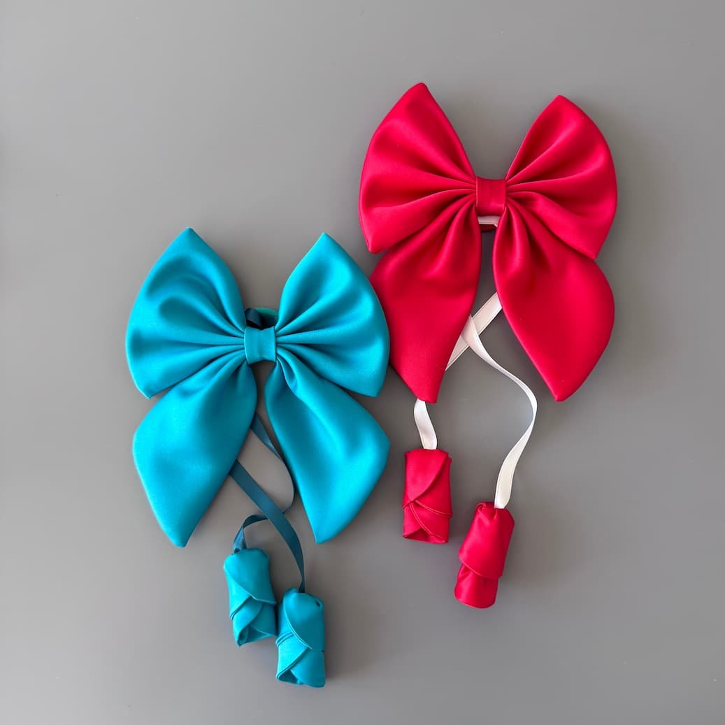 Petrol and red handmade satin hair bows with elastic hair ties