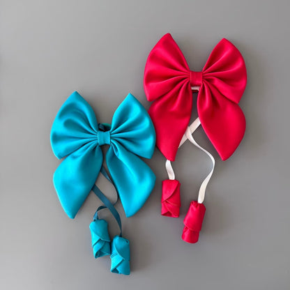 Petrol and red handmade satin hair bows with elastic hair ties