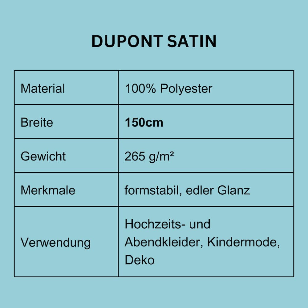 Tabellarische Produktdetails Satin Stoff Meterware Deutsch