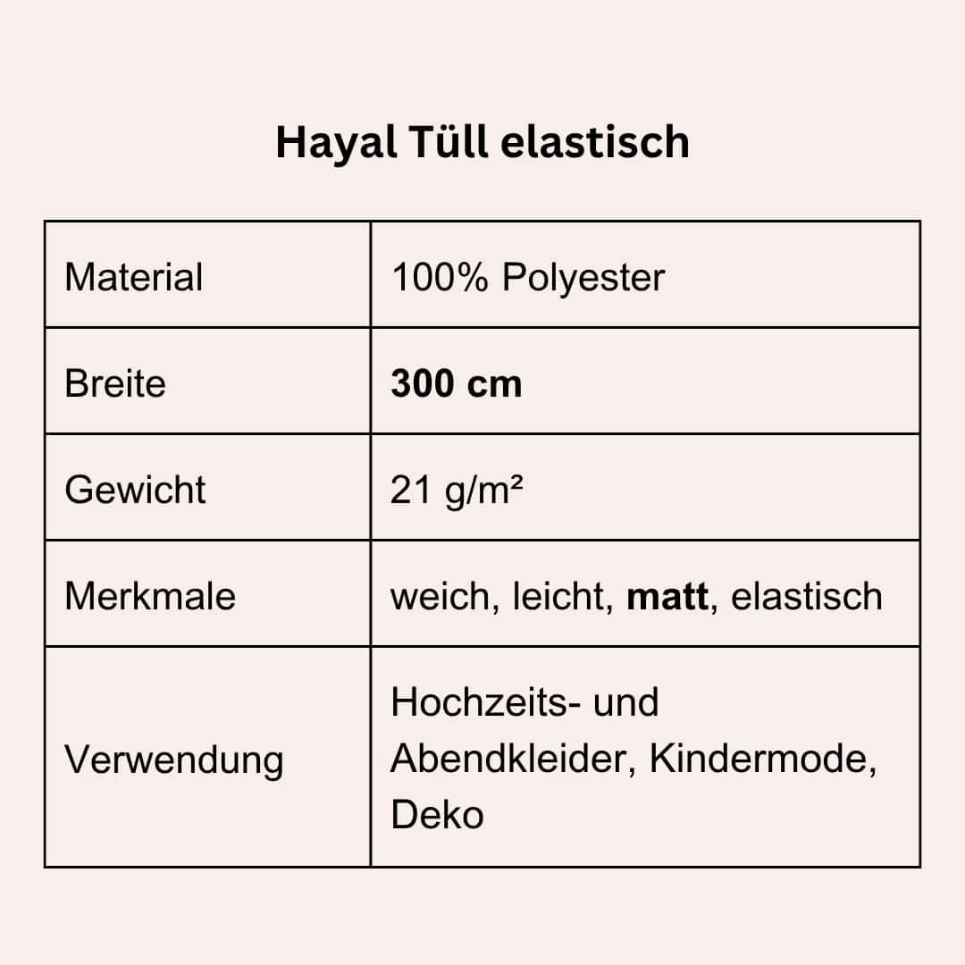 Produktdetails Tüll Stoff 300 cm breit, weich, matt und elastisch Übersicht