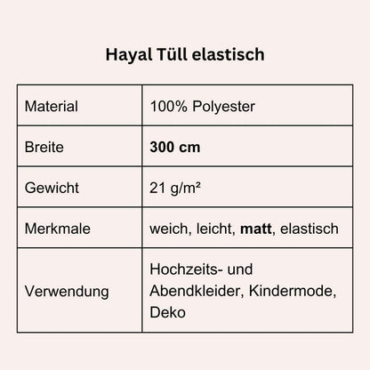 Produktdetails Tüll Stoff 300 cm breit, weich, matt und elastisch Übersicht