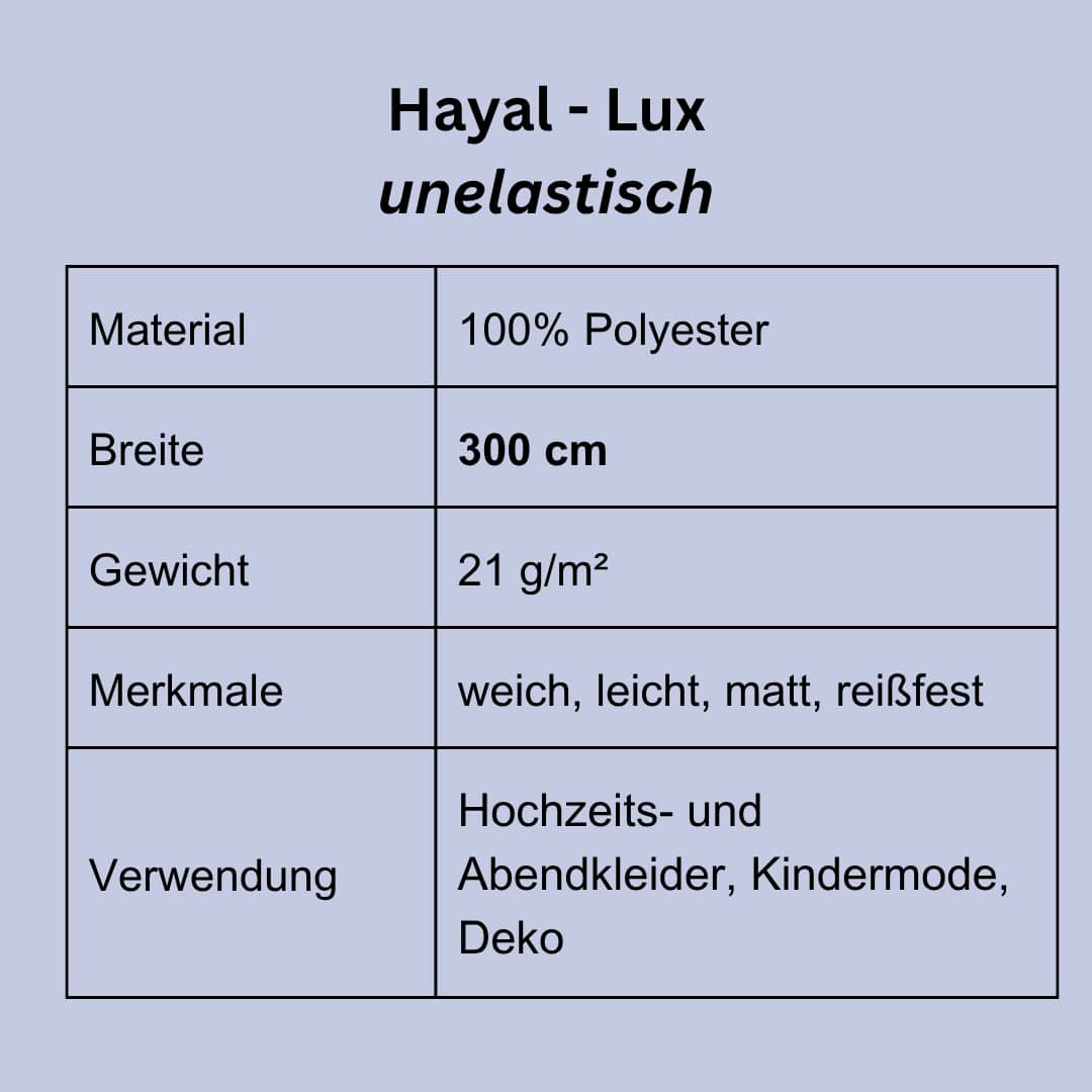 Produktdetails Tüll Stoff 300 cm breit, reißfest, matt und hochwertig Übersicht