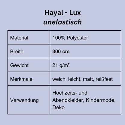 Produktdetails Tüll Stoff 300 cm breit, reißfest, matt und hochwertig Übersicht