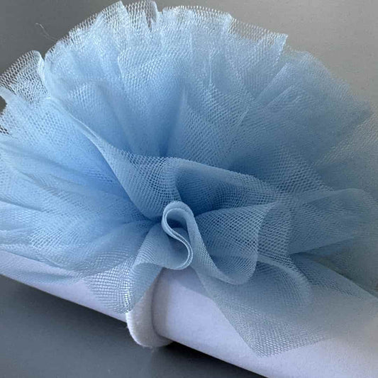 Blue tulle pom pom hair tie for girls, handmade hair accessory for children and festive hairstyle