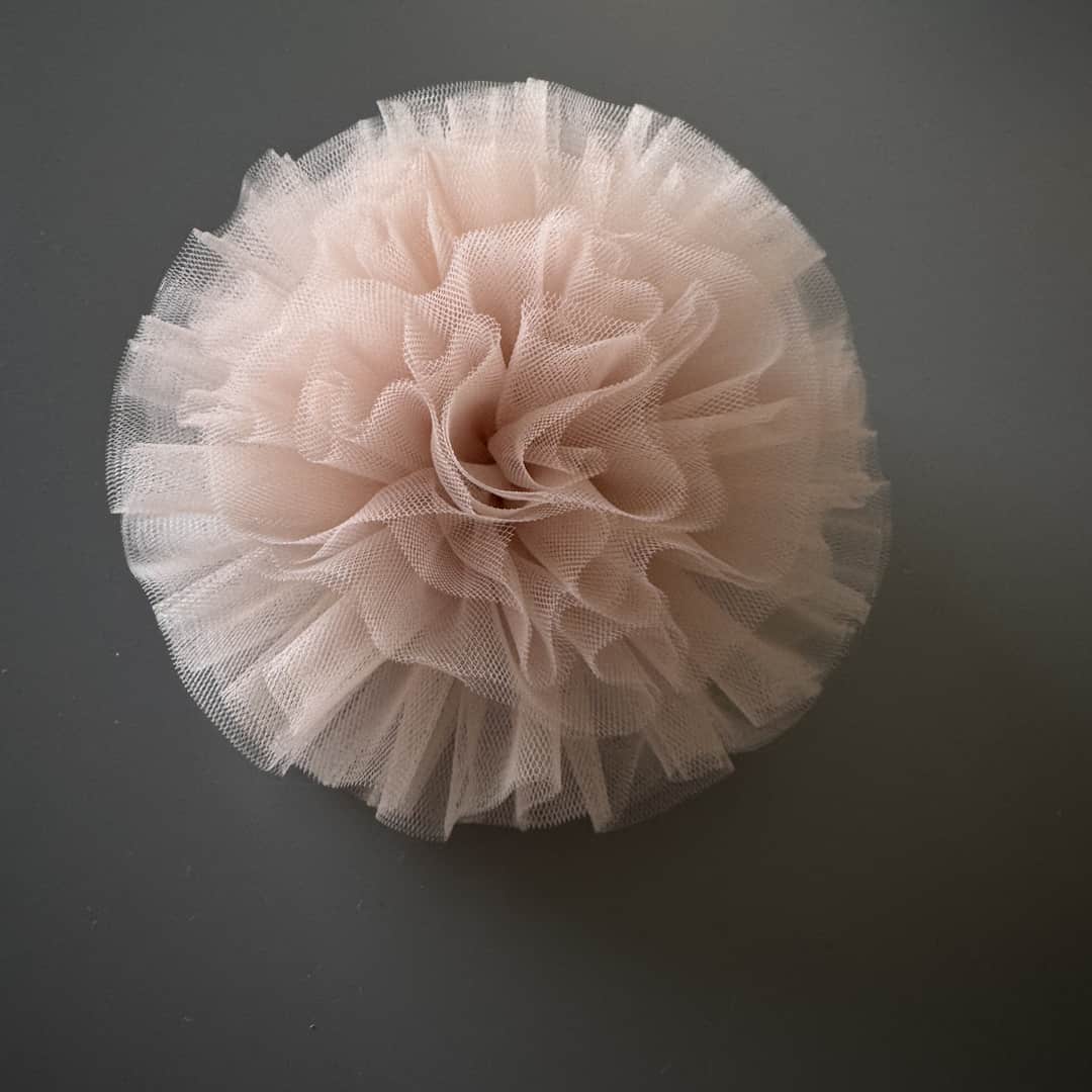 Powder pink tulle pom pom hair tie for girls, handmade soft hair accessory for children and festive wear
