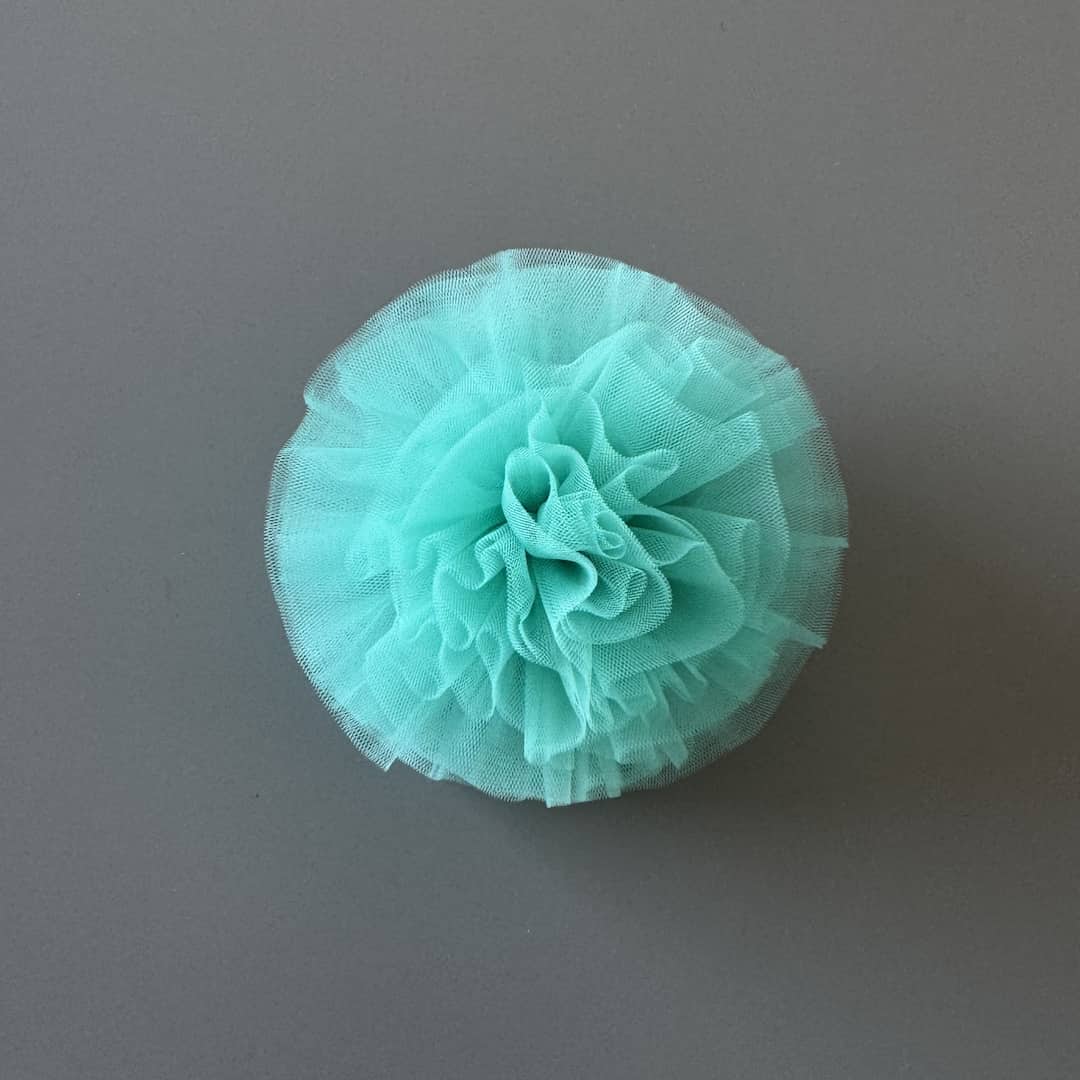 Turquoise tulle pom pom hair tie for girls, soft handmade hair accessory for children and special occasions
